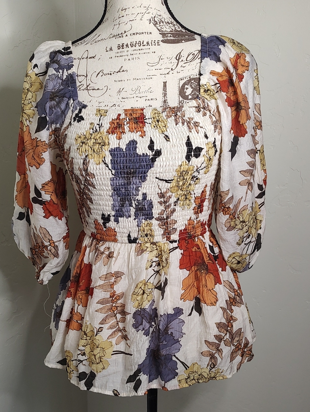 Hayden LA Floral Bobo Smocked Puff Sleeve Peplum Blouse Fall Color SZ: Small - Picture 6 of 12